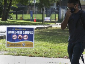 A "Smoke-Free Campus" sign is shown at the University of Windsor on Tuesday, August 31, 2021.