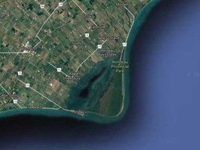 The Lake Erie shoreline of Rondeau Provincial Park is shown in this Google Maps satellite image.