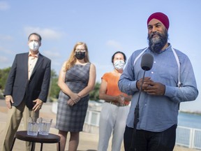 NDP leader, Jagmeet Singh, is joined by local NDP candidates, Brian Masse, Stacey Ramsay, and Cheryl Hardcastle, as he makes a campaign stop in Windsor at Coventry Gardens, on Wednesday, August 25, 2021.