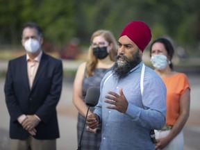 NDP leader, Jagmeet Singh, is joined by local NDP candidates, Brian Masse, Stacey Ramsay, and Cheryl Hardcastle, as he makes a campaign stop in Windsor at Coventry Gardens, on Wednesday, August 25, 2021.