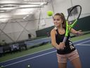 Stasia Kryk, 13, hits a backhand volley while working out at the Zekelman Tennis Centre at St. Clair College on Thursday, August 26, 2021. Kryk is a high-performance tennis player sponsored by FILA and Wilson.  