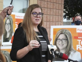 Tracey Ramsey, NDP candidate for the federal riding of Essex, speaks at a press conference on Monday, August 16, 2021, in Amherstburg.