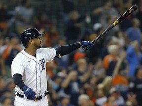 Jonathan Schoop of the Detroit Tigers watches his grand slam against the Tampa Bay Rays during the seventh inning, to take a 7-4 lead, at Comerica Park on September 10, 2021, in Detroit, Michigan.
