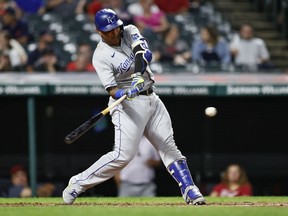 Salvador Perez of the Kansas City Royals hits a double off Francisco Perez of the Cleveland Indians in the third inning during game two of a doubleheader at Progressive Field on September 20, 2021 in Cleveland, Ohio.