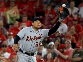 Miguel Cabrera of the Detroit Tigers catches the ball at first during the sixth inning in the game against the Cincinnati Reds at Great American Ball Park on September 04, 2021 in Cincinnati, Ohio.