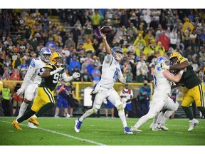 Quarterback Jared Goff #16 of the Detroit Lions throws against the Green Bay Packers during the second half at Lambeau Field on Monday.