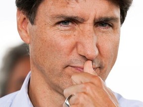 Liberal Leader Minister Justin Trudeau is pictured while campaigning in Candiac, Que., on Sept. 12, 2021.