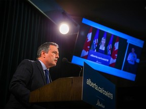 Alberta Premier Jason Kenney during a news conference regarding the surging COVID cases in the province in Calgary on Wednesday, September 15, 2021.