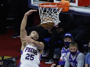 Ben Simmons of the Philadelphia 76ers dunks against the Atlanta Hawks at Wells Fargo Center on June 20, 2021 in Philadelphia.