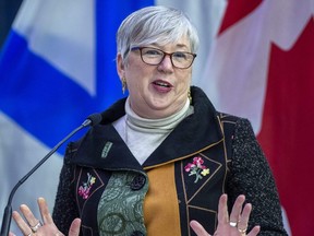 Bernadette Jordan, minister of Fisheries and Oceans, addresses the audience at the keel laying ceremony of the future HMCS HMCS William Hall at Irving Shipbuilding in Halifax, Feb. 17, 2021.