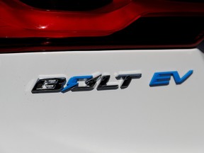 A close-up view of the Chevrolet Bolt electric vehicle logo is seen at Stewart Chevrolet in Colma, California, October 3, 2017.