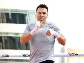 Oscar De La Hoya attends an open to the public media workout at XBOX Plaza in Los Angeles, Aug. 24, 2021.