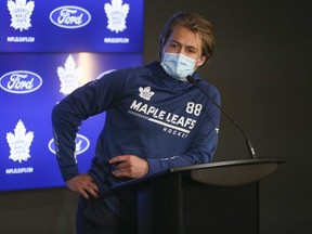Maple Leafs forward William Nylander wears a mask while speaking to reporters on Day 1 of training camp on Wednesday. Nylander revealed he still needs to get his second COVID vaccine shot. JACK BOLAND/TORONTO SUN