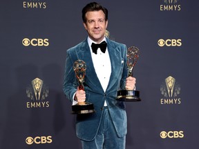 Jason Sudeikis, winner of the Outstanding Comedy Series and Outstanding Lead Actor in a Comedy Series awards for ‘Ted Lasso,’ poses in the press room during the 73rd Primetime Emmy Awards at L.A. LIVE on September 19, 2021 in Los Angeles, California.