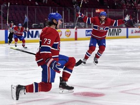 Montreal Canadiens forward Tyler Toffoli celebrates after scoring the series-winning goal against the Winnipeg Jets during the NHL playoffs. USA TODAY SPORTS