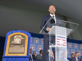 Hall of Famer Inductee Derek Jeter makes his acceptance speech during the 2021 National Baseball Hall of Fame induction ceremony at Clark Sports Center.