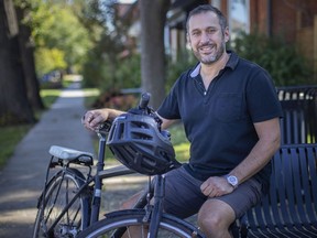 WINDSOR, ONTARIO:. SEPTEMBER 29, 2021 - Chris Waters, a University of Windsor law professor, pictured with his bicycle in Walkerville on Wednesday, Sept. 29, 2021, has written a report on the very long history of bicycling in Windsor.