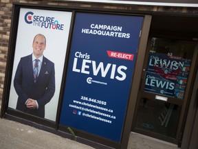 The campaign office of Chris Lewis, Conservative candidate for Essex, is seen on Sept. 20, 2021.