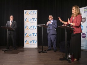 Windsor West candidates from left, Brian Masse of the NDP,  Conservative Anthony Orlando and Liberal Sandra Pupatello take part in the Windsor-Essex Regional Chamber of Commerce federal election debate, being recorded at YourTV Windsor, on Friday, Sept. 10, 2021.