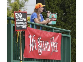 Currie Soulliere speaks during a "freedom rally" on Saturday, Sept. 4, 2021, in Dieppe Park in downtown Windsor.