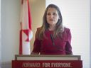WINDSOR, ONTARIO:. SEPTEMBER 2, 2021 - Chrystia Freeland, Deputy Prime Minister and Minister of Finance and Liberal candidate for University-Rosedale, speaks during a press availability with local Liberal candidates, Irek Kusmierczyk and Sandra Pupatello, at the University of Windsor, Thursday, September 2, 2021. (Dax Melmer/Windsor Star).