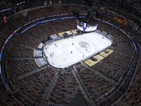 A general overview of game action between The Vegas Golden Knights and St. Louis Blues during the third period at T-Mobile Arena.