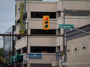 A red traffic signal at Wyandotte Street East and Goyeau Street - one of the targeted intersections for the City of Windsor's new red-light camera system. Photographed June 2021.