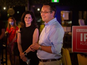 Windsor-Tecumseh's incumbent Liberal MP Irek Kusmierczyk addresses his campaign workers while his wife Shauna looks on at Parks & Rec Sportsbar in Windsor's Forest Glade area on the night of Sept. 20, 2021.