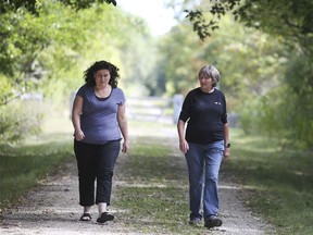 Jodi Robillard, left, and Erma Roung participate in the Multiple Myeloma March on Sunday, Sept. 26, 2021 in Harrow. Due to the pandemic, this year participants were encouraged to complete the fund-raising walk on their own.