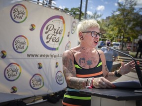 Mel Lucier, former board member of Windsor-Essex Pride Fest, MCs the kick-off for this year's Windsor Pride Fest at Charles Clark Square, on Wednesday, September 8, 2021.