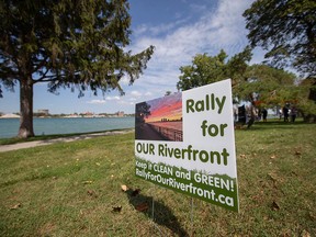 A sign promoting opposition to the City of Windsor's Celestial Beacon project on the riverfront near Askin Avenue. Photographed Sept. 3, 2021.
