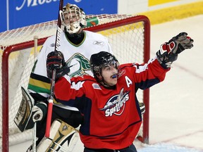Former Windsor Spitfires standout Dale Mitchell, seen celebrating a goal against London in 2009, was named head coach of the Leamington Flyers on Tuesday.