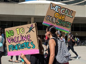 Protesters against Ontario's incoming 'vaccine passport' at Toronto City Hall on Sept. 1, 2021.
