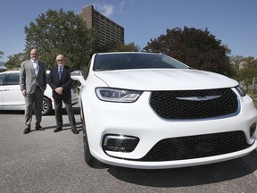 Big vaccination incentives. Windsor Mayor Drew Dilkens, left, and Essex County Warden Gary McNamara announced on Friday, Sept. 17, 2021, at Windsor city hall that the WEVax To Win prize list will now include two 2021 Chrysler Pacificas.