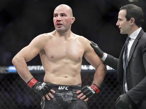 In this Jan. 19, 2019, file photo, Glover Teixeira looks on after he stopped Karl Roberson in the first round of a light heavyweight mixed martial arts bout at UFC Fight Night in New York.
