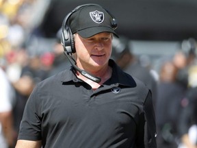 Raiders head coach Jon Gruden looks on in a game against the Steelers at Heinz Field in Pittsburgh, Sept. 19, 2021.