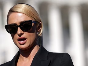 Paris Hilton speaks during a news conference outside the U.S. Capitol Oct. 20, 2021 in Washington, D.C.