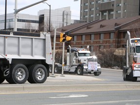 A convoy drove past Health Sciences North in Sudbury on April 18, 2020.