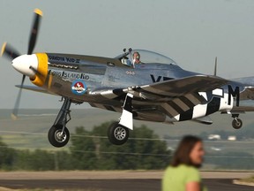 A P51D Mustang, Dakota Jim, at the Airdrie Flying Club as part of a promotion for the Airdrie Regional Air Show July 21, 2009.