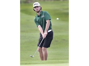 The St. Clair Saints' Simon Desmarais competes in the Canadian Collegiate Athletic Association Golf National Championships at the Ambassador Golf Club on Tuesday.