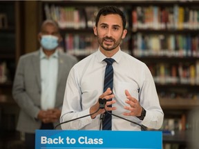 Ontario Minister of Education Stephen Lecce makes an announcement at St. Robert Catholic High School in Toronto, on Wednesday, August 4, 2021.