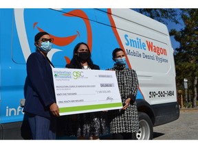 The WindsorEssex Community Foundation and Green Shield Canada presented $450,000 to six local organizations Tuesday, Oct. 19, 2021, including the Multicultural Council of Windsor and Essex County, which received a cheque for $95,000 for oral health programs. Accepting the cheque is Smile Wagon owner and dental hygienist Navjeet Gill, from left, Multicultural Council health and wellness co-ordinator Timpy Aulakh and nurse practitioner Nidal Shauki.