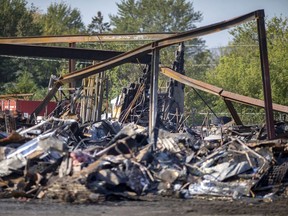 KINGSVILLE, ONTARIO:. OCTOBER 11, 2021 - The scene at Kimball Lumber and Building Supplies on the corner of the Arner Townline and Road 8 West in Kingsville after a fire destroyed a warehouse, on Monday, Oct. 11, 2021.