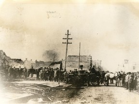This photo, looking west along Sandwich Street (now Riverside Drive) towards Ouellette Avenue shows what remains after the Great Windsor Fire of 1871, which started at Ouellette Avenue and Pitt Street on Oct. 12.