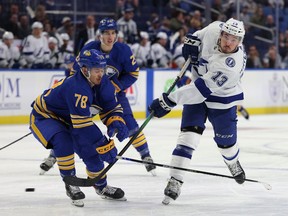 Buffalo Sabres defenseman Jacob Bryson tries to block a shot by Tampa Bay Lightning left wing Boris Katchouk during the third period at KeyBank Center.