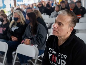 Former TSN television personality Michael Landsberg speaks about mental health at Fury Training Grounds in Essex on Oct. 16, 2021.
