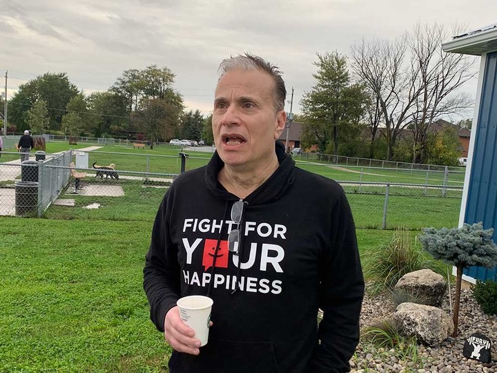  Former TSN television personality Michael Landsberg speaks about mental health at Fury Training Grounds in Essex on Oct. 16, 2021.