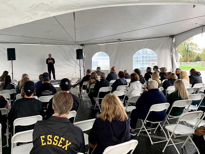  Former TSN television personality Michael Landsberg speaks about mental health at Fury Training Grounds in Essex on Oct. 16, 2021.