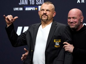 MMA Mixed Martial Arts - UFC 246 - Welterweight - Conor McGregor v Donald Cerrone Weigh-In - Pearl Theater, Palms Resort Casino, Las Vegas, United States - January 17, 2020 Chuck Liddell after receiving his UFC Hall of Fame jacket from UFC President Dana White.