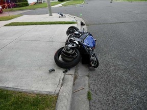 The 2003 Suzuki motorcycle at the crash scene at Tourangeau Road and Alice Street in Windsor on June 24, 2021.